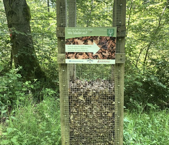 Ein Gitterbeh&auml;lter im Wald, gef&uuml;llt mit Laub. Ein Schild erkl&auml;rt, wie hoch das Laub ohne Zersetzung w&auml;re. Umgeben von gr&uuml;ner Vegetation., &copy; Touristik GmbH Gerolsteiner Land, Leonie Post
