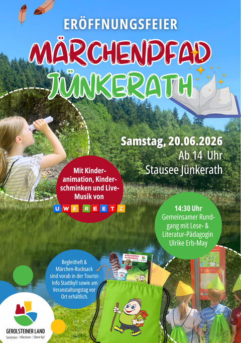 Flyer für die Eröffnungsfeier des Märchenpfades in Jünkerath am 20. Juni 2026 mit bunten Bildern von Kindern auf dem Wanderweg.