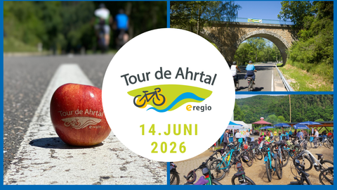 Ein Rad-Event mit dem Namen „Tour de Ahrtal“ findet am 14. Juni 2026 statt. Das Bild zeigt eine Straße, einen Apfel und Radfahrer in einer schönen Landschaft.