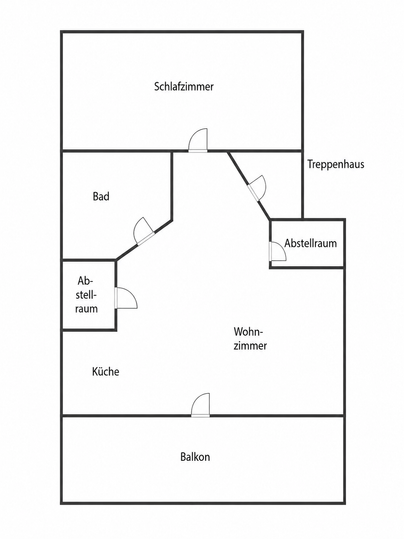 Dit is een plattegrond van een appartement. De ruimtes omvatten een slaapkamer, een badkamer, een keuken, een woonkamer, een bergruimte en een balkon.