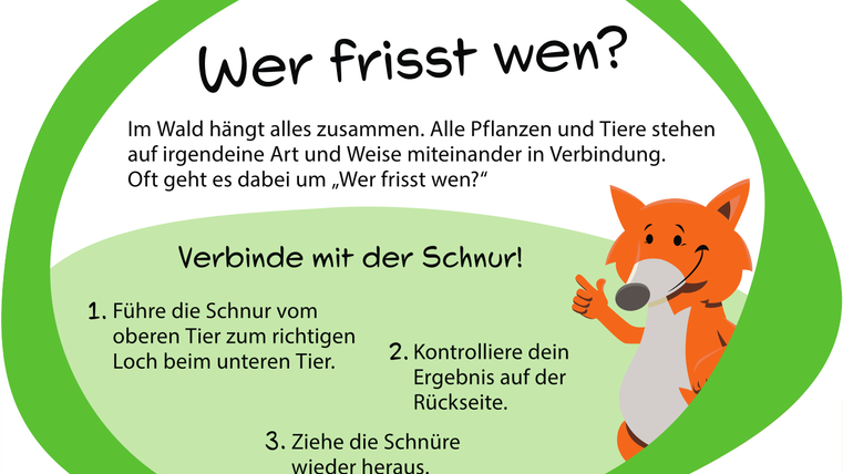 Informationsschild zu "Wer frisst wen?" mit Fuchs-Maskottchen.