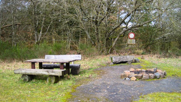 Houten tafel en banken naast een open haard in het bos.