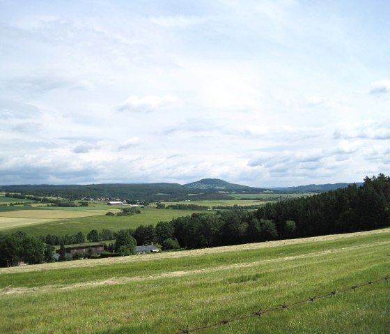 Weite Landschaft mit grünen Feldern, Hügeln und Wäldern unter einem bewölkten Himmel. Ein idyllischer Ausblick vom Panoramaweg in Leudersdorf., © Touristik GmbH Gerolsteiner Land, Ute Klinkhammer