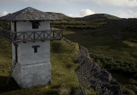 Visualisierung eines altertümlichen Turms auf einer Anhöhe umgeben von einer hügeliegen Landschaft