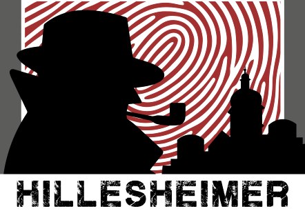 Het logo van de Hillesheimse Misdaaddagen toont het silhouet van een man met een hoed, trenchcoat en een pijp in zijn mond tegen de achtergrond van de stad Hillesheim. Een rode vingerafdruk op de achtergrond.