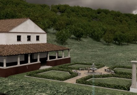 Visualisatie van een Romeins gebouw met tuin en fontein
