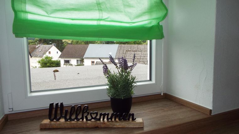 Ein Fenster mit grünem Vorhang und Blick auf ein Dach. Auf der Fensterbank steht ein Topf mit Lavendel und einem Willkommensschild.