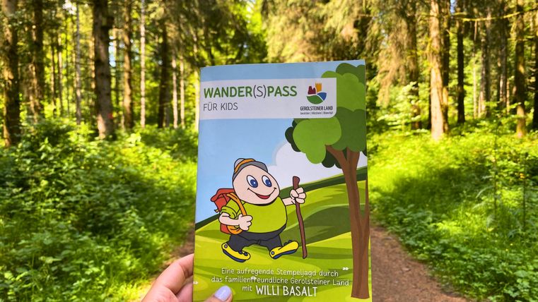 Das Prospekt "Wander(S)pass für Kids" wird hochgehalten mit einem dichten Wald und Waldweg im Hintergrund.