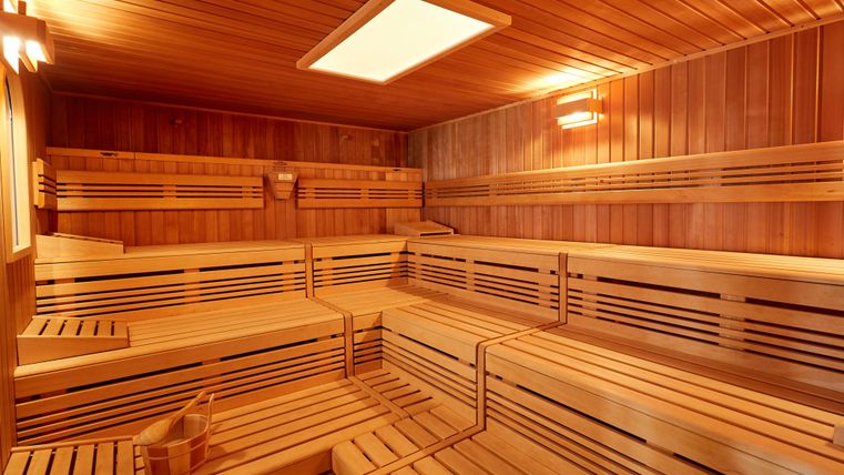 Innenansicht einer leeren Holzsauna mit Bänken und Eimer.