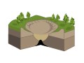 Illustration of a maar in cross-section with trees and layers of earth. The crater is surrounded by vegetation., © Touristik GmbH Gerolsteiner Land