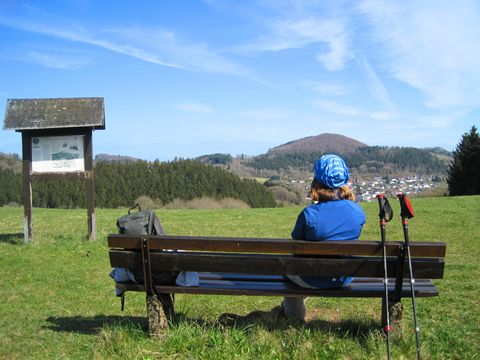 Person sitzt auf einer Bank mit Blick auf den Nerother Kopf.