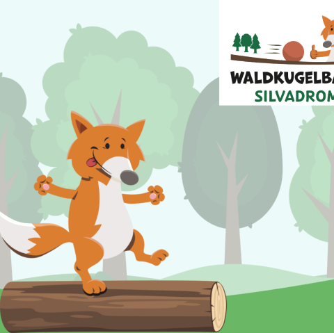 Carton Waldlandschaft mit Fuchs Maskottchen der Waldkugelbahn Silvadrom und Bildausschnitten von spielenden Kindern an der Bahn.