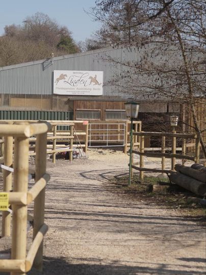 Un chemin mène à un bâtiment avec une enseigne portant le nom « Lüstel ». Entouré de balustrades en bois et d'arbres, l'environnement offre une atmosphère rurale.