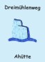 Drawing of a waterfall with blue water, above it 'Dreimühlenweg', below it 'Ahütte' on a light blue background., © Touristik GmbH Gerolsteiner Land