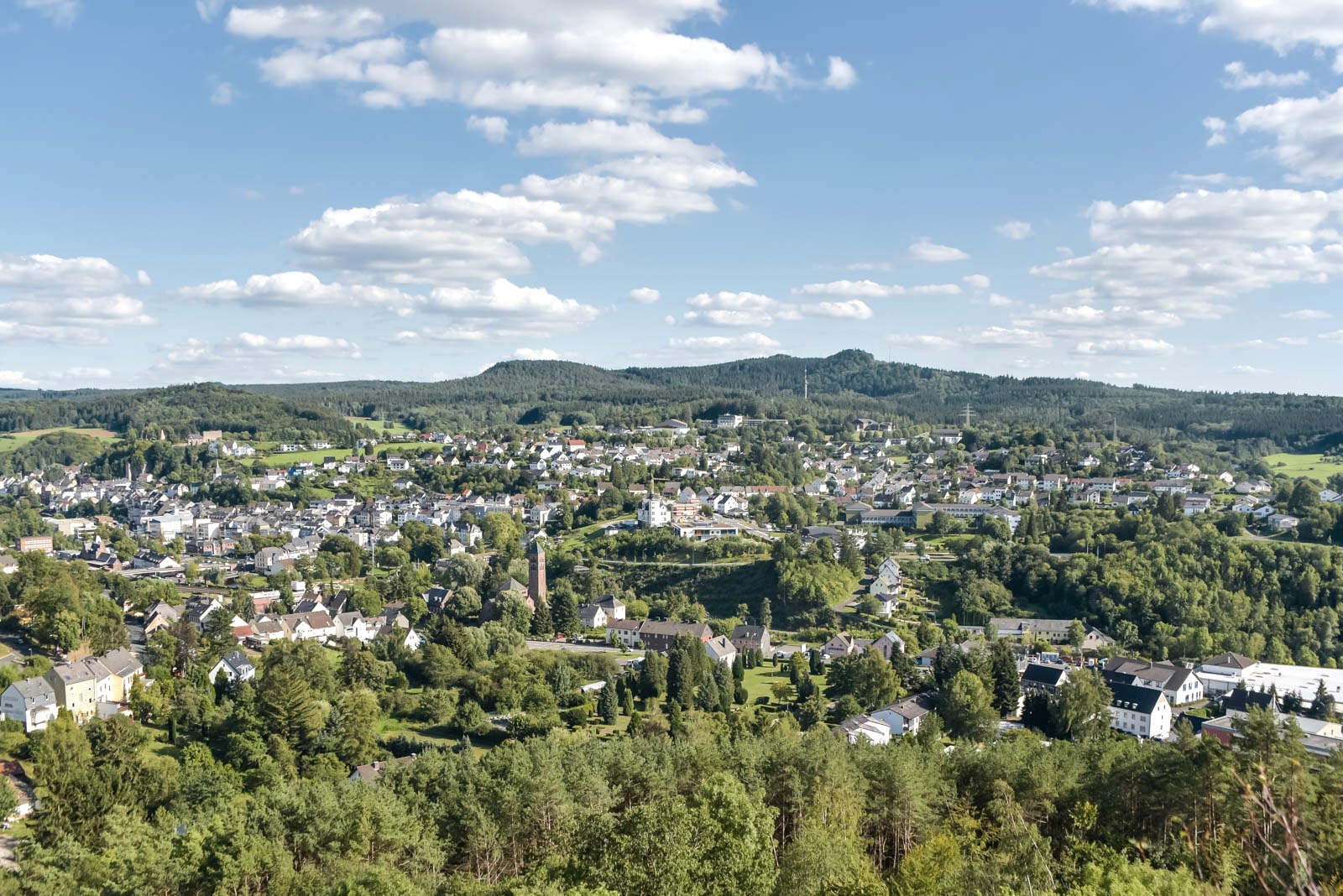 Blick &uuml;ber die Stadt Gerolstein mit zahlreichen Geb&auml;uden, umgeben von gr&uuml;nen B&auml;umen und Bergen im Hintergrund.