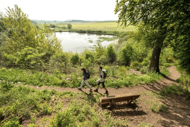 Zwei Wanderer auf einem Pfad am Eichholzmaar in der Eifel. Im Hintergrund der Maarsee und gr&uuml;ne Landschaft. Eine Bank steht am Wegesrand., &copy; Eifel Tourismus GmbH, Dominik Ketz