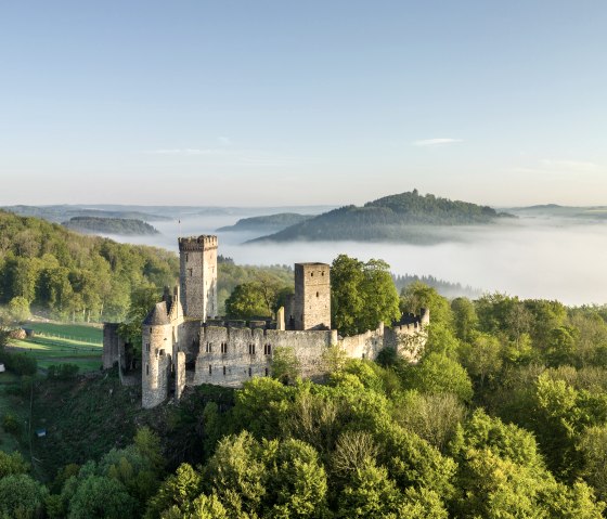 Aerial view of Kasselburg Castle in Pelm, surrounded by green forests. Fog can be seen over the hills in the background., © Eifel Tourismus GmbH, Dominik Ketz