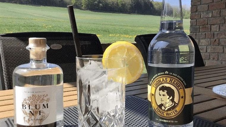 Blum Gin und Thomas Henry Tonic Water auf einem Tisch im Freien, mit einem Glas Gin Tonic und Zitronenscheibe.