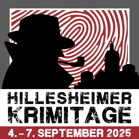 Das Logo der Hillesheimer Krimitage zeigt die Sillhouette eines Mannes mit Hut, Trenchcoat und einer Pfeife im Mund vor der Kulisse der Stadt Hillesheim. Im Hintergrund ein roter Fingerabdruck.