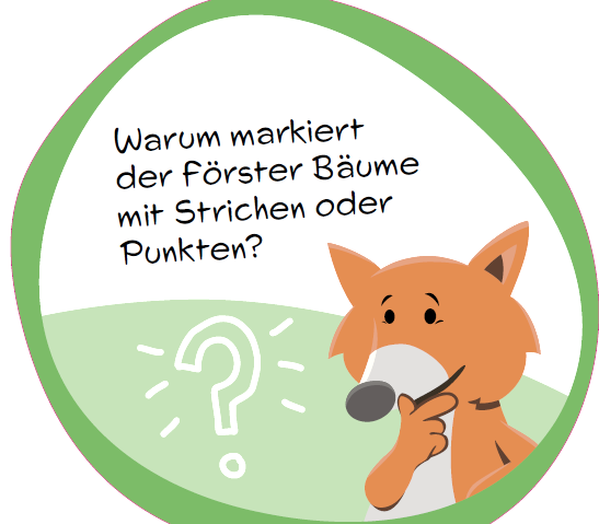 Quiz-Schild zur Baummarkierung mit Fuchs-Maskottchen.