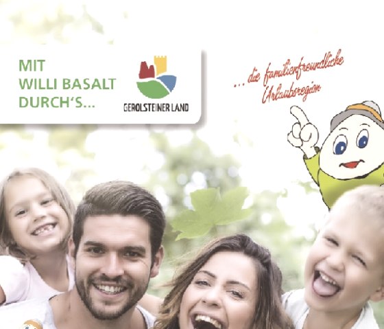 Titelseite der Bosch&uuml;re "Mit Willi Basalt durch&acute;s Gerolsteiner Land" mit Bild einer vierk&ouml;pfigen gl&uuml;cklichen Familie.