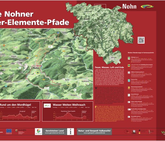 Kaart van de Vier Elementenpaden van Nohn in de Vulkaaneifel. Toont wandelroutes, hoogteprofielen en informatie over vuur, water, lucht en aarde. Bevat QR-code en logo's., &copy; Touristik GmbH Gerolsteiner Land