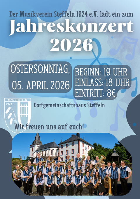 Plakat zum osterkonzert und Jahreskonzert am 05.04.2026. preise, Treffpunkt sind dort zu finden