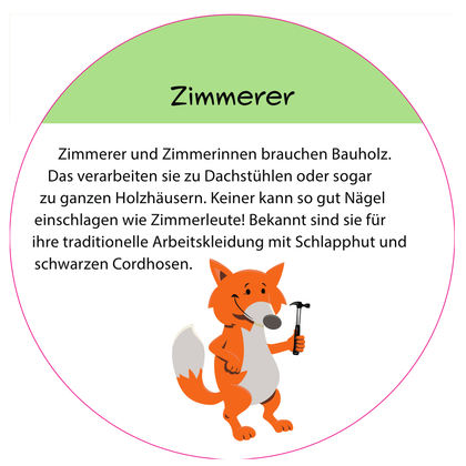 Informationsschild "Zimmerer" mit Fuchs-Maskottchen.