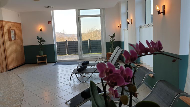 A tranquil wellness area with loungers and large windows. In the foreground, an orchid is blooming.