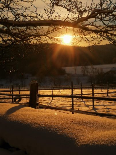 Een winterlandschap met vers gevallen sneeuw. De zon komt op boven de bergen en verlicht de omgeving.