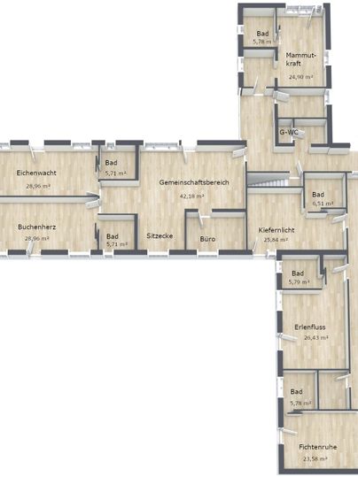 Une esquisse du plan d'un bâtiment avec plusieurs chambres et salles de bain. Les pièces sont clairement désignées et bien structurées.