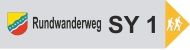 Schild des Rundwanderwegs SY 1 mit Ortswappen und Wanderersymbol.