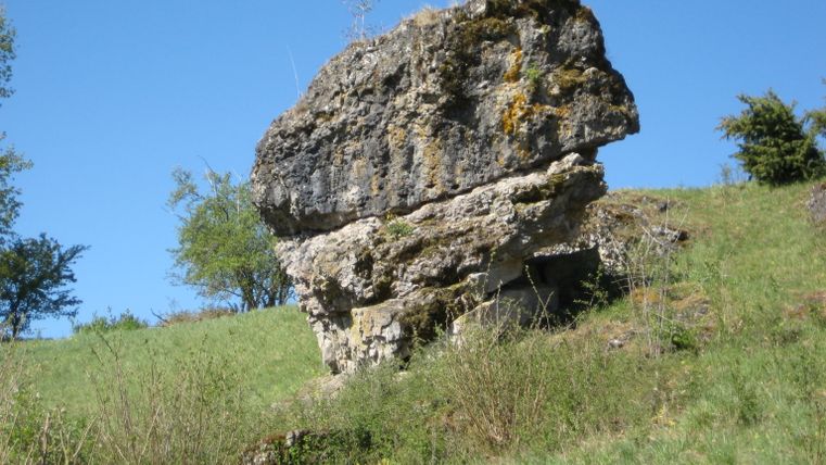 Ein großer, moosbedeckter Felsen auf einer grünen Wiese unter klarem, blauem Himmel.