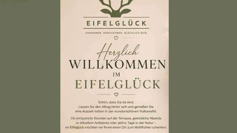 An inviting welcome sign for Eifelglück. It conveys a relaxing break amidst nature and volcanic landscapes.