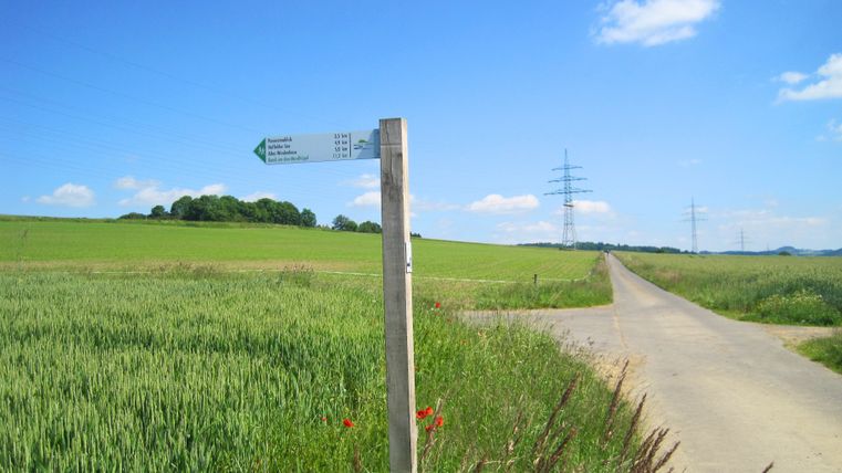Wegwijzer in een landelijk landschap met velden en elektriciteitsmasten.