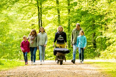 Eine Familie spaziert durch einen Wald und eine Frau in der Mitte schiebt eine Schubkarre vor sich.