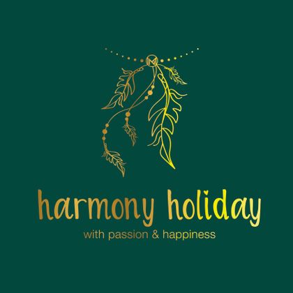 A graphic design featuring the inscription "harmony holiday" in golden lettering. It displays a stylized plant on a green background, conveying tranquility and joy.