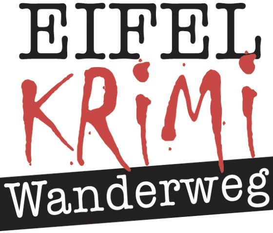 Logo of the Eifel Krimi Hiking Trail with the word 'Krimi' in blood-red lettering, below 'Wanderweg' on a black background., © Touristik GmbH Gerolsteiner Land