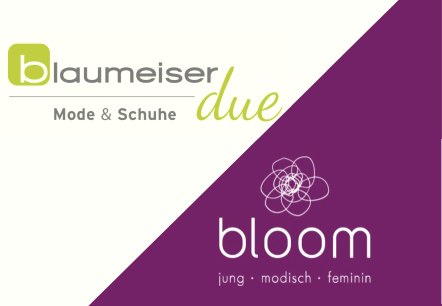 Diagonally divided image with logos of the fashion stores Blaumeiser Fashion &amp; Shoes due on one side and bloom young, fashionable, feminine on the other.