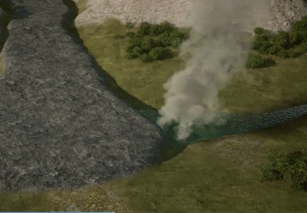 Visualisatie van afkoelende lava van de Sarresdorf lavastroom in contact met een rivier