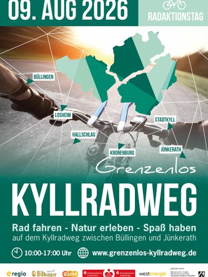 Une affiche pour la journée d'action vélo le 09 août 2026. Elle montre la piste cyclable Kyll entre Büllingen et Jünkerath, avec des informations sur les activités et l'expérience de la nature.