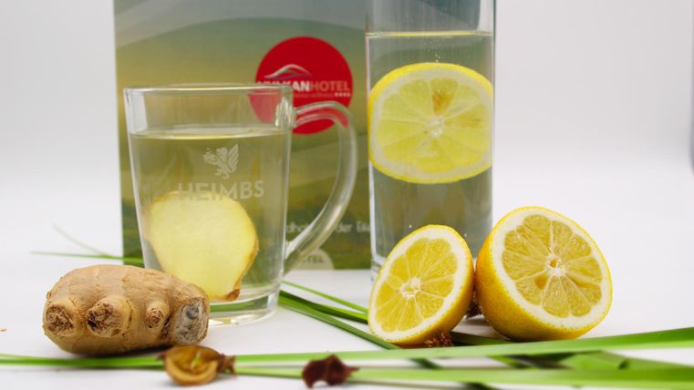 Une boisson fraîche à base de gingembre et de citron dans un verre. À côté du verre se trouvent des citrons coupés et du gingembre frais.