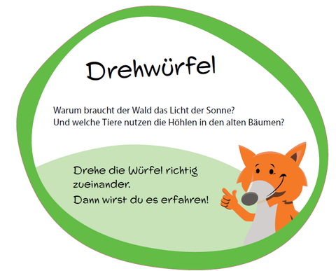 Informationsschild "Drehwürfel" mit Fuchs-Maskottchen.