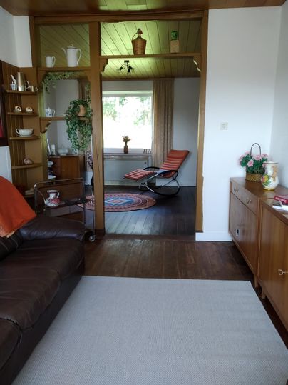 Un salon chaleureux avec un canapé marron et un tapis. En arrière-plan, on peut voir une pièce lumineuse avec une chaise et une plante.