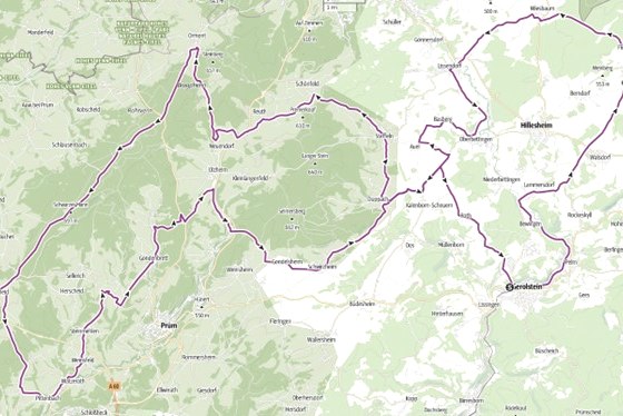 Map with a marked route through a rural region, passing through places such as Prüm and Hillesheim. The route is highlighted in purple., © Touristik GmbH Gerolsteiner Land