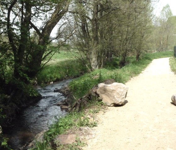 A narrow stream flows alongside a sandy path, surrounded by trees and grass. Large stones lie at the edge of the path., © Touristik GmbH Gerolsteiner Land