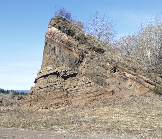 Steep rock strata on the Rockeskyller Kopf, surrounded by bare trees and a blue sky., © Touristik GmbH Gerolsteiner Land, Ute Klinkhammer