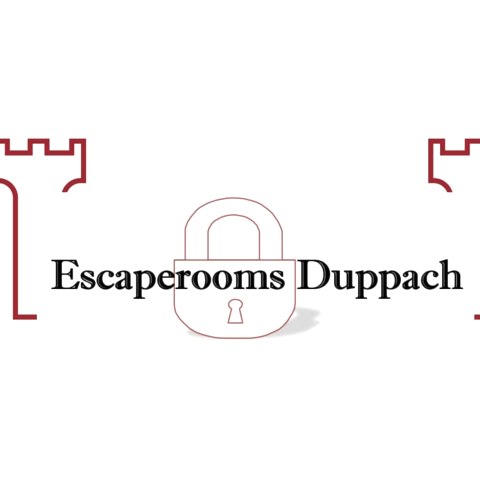 Logo Escaperooms Duppach mit Schriftzug und einem roten Schlosssymbol in der Mitte und roten Burgt&uuml;rmen rechts und links.