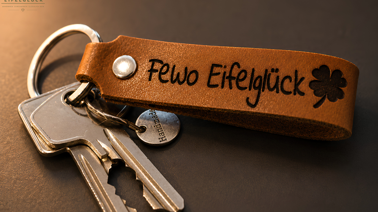 A keyring with a brown leather tag on which "Fewo Eifelglück" is engraved. Additionally, some keys are visible hanging from it.