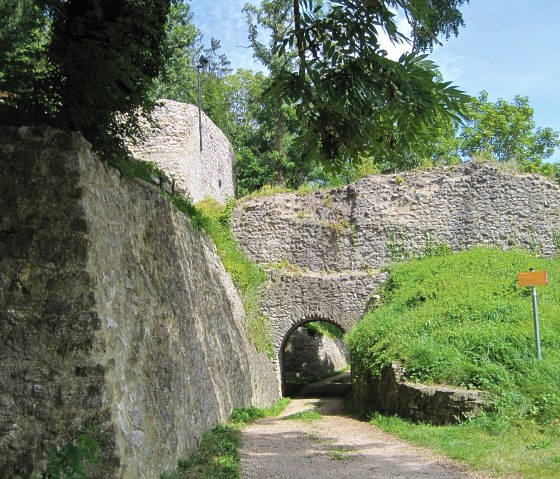 Hiking trail through the ruins of Kerpen Castle, surrounded by green vegetation and old stone walls., © Touristik GmbH Gerolsteiner Land, Ute Klinkhammer